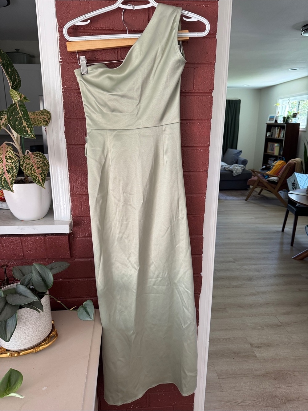 BHLDN Anthropologie Dylan Sage Stretch Satin One-Shoulder Side Slit Dress Small - Picture 8 of 9